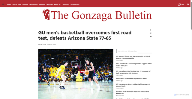 Security scan screenshot of https://www.gonzagabulletin.com/sports/gu-mens-basketball-overcomes-first-road-test-defeats-arizona-state-77-65/article_2fe4b376-2109-45bc-9848-2f78abc6eca8.html