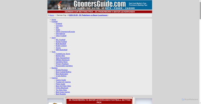 Security scan screenshot of https://www.goonersguide.com/football-pick-57510-SC-Paderborn-vs-Bayer-Leverkusen.htm