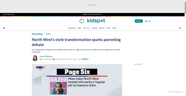 Security scan screenshot of https://kidspot.news.com.au/parenting/tween/north-wests-style-transformation-sparks-parenting-debate/news-story/d19868dfcdfb7cd71eb6e887113bcc8d