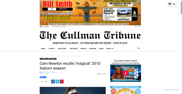 Security scan screenshot of https://www.cullmantribune.com/2025/10/13/cam-newton-recalls-magical-2010-auburn-season/