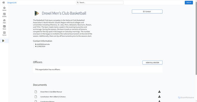 Security scan screenshot of https://dragonlink.drexel.edu/organization/drexelmensclubbasketball