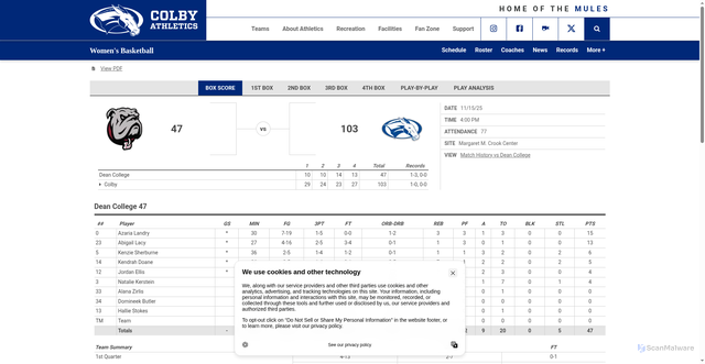 Security scan screenshot of https://colbyathletics.com/sports/womens-basketball/stats/2025-26/dean-college/boxscore/19713