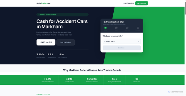 Security scan screenshot of https://auto-traders.pages.dev/sell-accident-car-markham-fast/