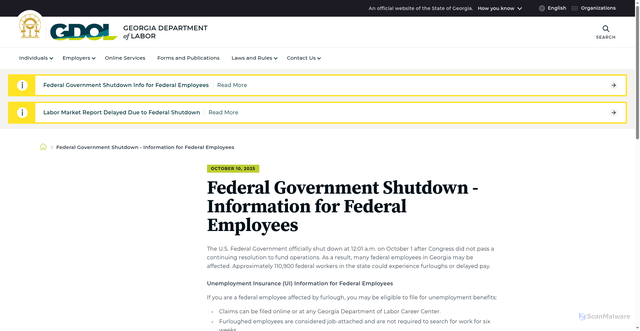 Security scan screenshot of https://dol.georgia.gov/blog-post/2025-10-10/federal-government-shutdown-information-federal-employees