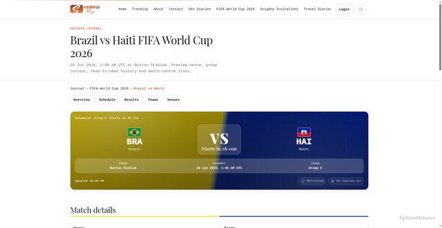 Security scan screenshot of https://blog.snigdhainvitations.com/sports/fifa-world-cup/matches/brazil-v-haiti-group-c-2026-06-19