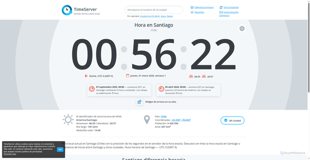 Security scan screenshot of https://es.timeservers.net/cities/cl/santiago