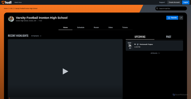 Security scan screenshot of https://fan.hudl.com/usa/oh/ironton/organization/13926/ironton-high-school/team/83273/boys-varsity-football