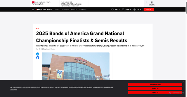 Security scan screenshot of https://www.flomarching.com/articles/14752040-2025-boa-grand-national-championship-prelims-results-semi-finals-schedule