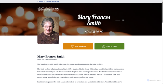 Security scan screenshot of https://www.alvismillerfuneralhome.com/obituaries/mary-smith