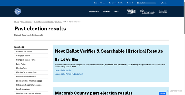 Security scan screenshot of https://www.macombgov.org/departments/clerk-register-deeds/elections/past-election-results