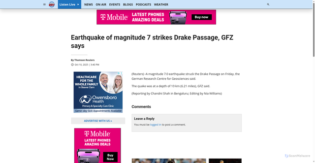 Security scan screenshot of https://wiky.com/2025/10/10/earthquake-of-magnitude-7-strikes-drake-passage-gfz-says/