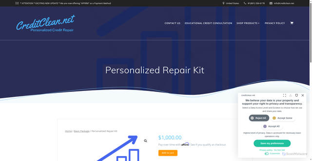 Security scan screenshot of https://creditclean.net/product/personalized-repair/