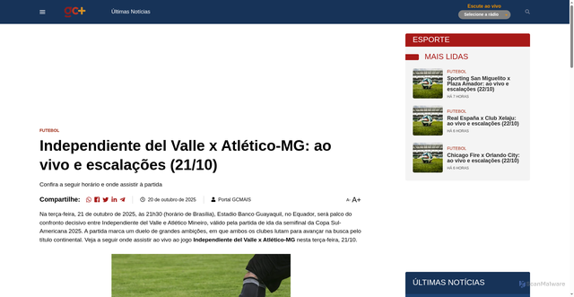 Security scan screenshot of https://gcmais.com.br/esporte/2025/10/20/independiente-del-valle-x-atletico-mg-ao-vivo-e-escalacoes-21-10/