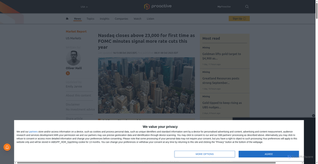 Security scan screenshot of https://www.proactiveinvestors.com/companies/news/1079946/s-p-500-nasdaq-trade-higher-as-fomc-minutes-signal-more-rate-cuts-this-year-1079946.html
