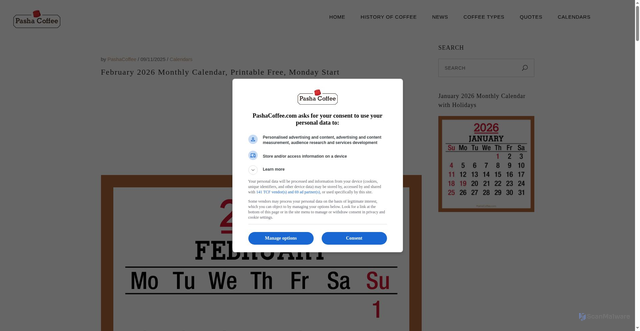 Security scan screenshot of https://www.pashacoffee.com/calendars/february-2026-monthly-calendar-printable-free-monday-start/