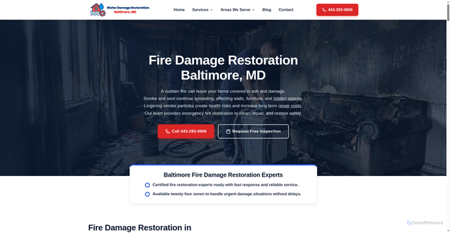 Security scan screenshot of https://baltimoremdwaterdamage.com/fire-damage-restoration