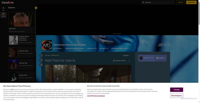 Security scan screenshot of https://americanhorrorstory.fandom.com/wiki/Neil_Patrick_Harris