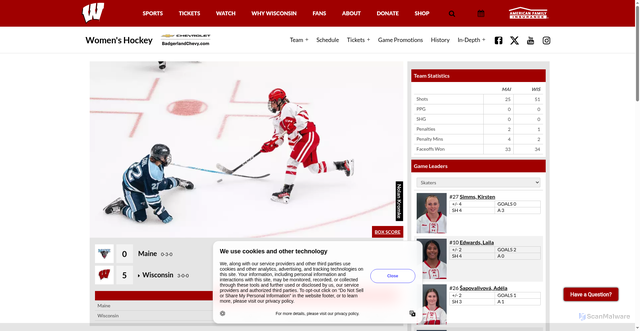Security scan screenshot of https://uwbadgers.com/news/2025/10/3/womens-hockey-badgers-blank-the-black-bears-5-0.aspx