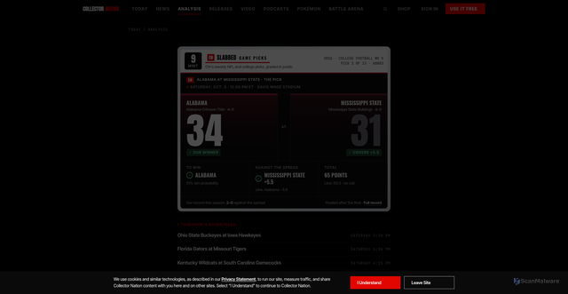 Security scan screenshot of https://thecollectornation.com/analysis/alabama-vs-mississippi-state-prediction-week-5-2026