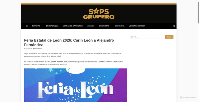 Security scan screenshot of https://www.saps.com.mx/agenda-de-presentaciones/feria-estatal-de-leon-2026-de-carin-leon-a-alejandro-fernandez.html