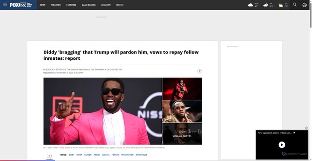 Security scan screenshot of https://fox23maine.com/news/nation-world/diddy-bragging-that-trump-will-pardon-him-vows-to-repay-fellow-inmates-report-sean-combs-rapper-rap-music-mogul-convicted-prison-fort-dix-federal-correctional-institute-prostitution-sex-trafficking-racketeering-fort-dix-new-jersey-drug-treatment