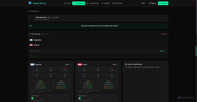 Security scan screenshot of https://score-oracle.com/en/predictions/2026-06-22/fifa-world-cup/argentina-vs-austria