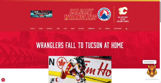 Security scan screenshot of https://calgarywranglers.com/wranglers-fall-to-tucson-at-home/