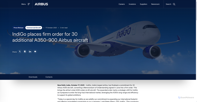 Security scan screenshot of https://www.airbus.com/en/newsroom/press-releases/2025-10-indigo-places-firm-order-for-30-additional-a350-900-airbus