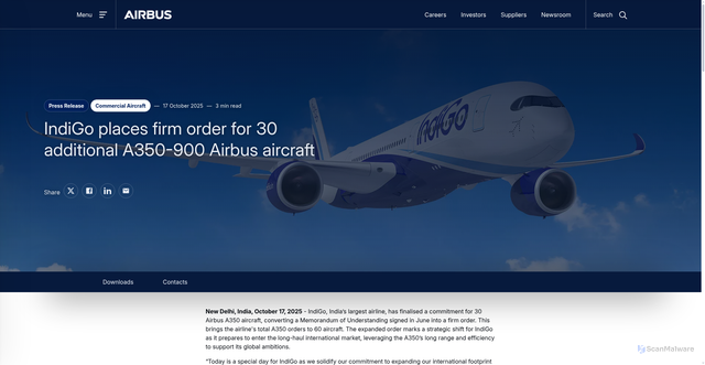 Security scan screenshot of https://www.airbus.com/en/newsroom/press-releases/2025-10-indigo-places-firm-order-for-30-additional-a350-900-airbus