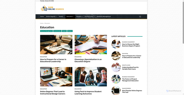 Security scan screenshot of https://earnonlinedegrees.com/category/education/
