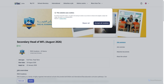 Security scan screenshot of https://www.tes.com/jobs/vacancy/secondary-head-of-mfl-august-2026-united-arab-emirates-2274763