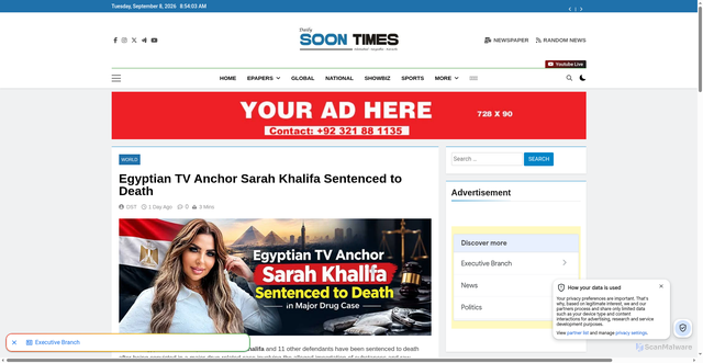 Security scan screenshot of https://soontimes.pk/egyptian-tv-anchor-sarah-khalifa-sentenced-to-death/