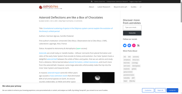 Security scan screenshot of https://astrobites.org/2025/10/02/dart-scattering/