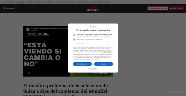 Security scan screenshot of https://radiomitre.cienradios.com/videos/el-insolito-problema-de-la-seleccion-de-suiza-a-dias-del-comienzo-del-mundial-2026-pidio-el-cambio/