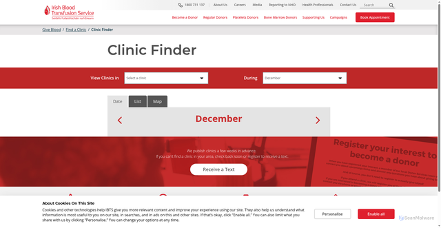 Security scan screenshot of http://www.giveblood.ie/find-a-clinic/clinic-finder/