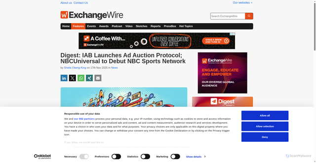 Security scan screenshot of https://www.exchangewire.com/blog/2025/11/17/digest-iab-launches-ad-auction-protocol-nbcuniversal-to-debut-nbc-sports-network/