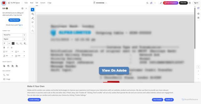 Security scan screenshot of https://acrobat.adobe.com/id/urn%3Aaaid%3Asc%3AVA6C2%3A35c11f47-8a00-4595-816d-a774ffef4b4c/?viewer%21megaVerb=group-edit&filetype=application%2Fpdf