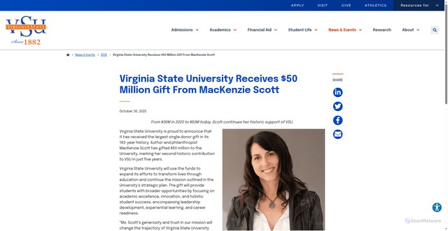 Security scan screenshot of https://www.vsu.edu/news/2025/vsu-receives-50-million-gift-from-mackenzie-scott.php