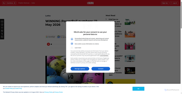 Security scan screenshot of https://snl24.com/dailysun/lotto/winning-powerball-numbers-12-may-2026-20260512/