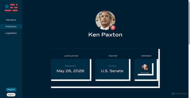 Security scan screenshot of https://www.populist.us/politicians/ken-paxton-tx