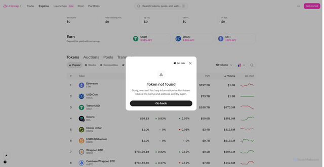 Security scan screenshot of https://web-fun-checkout-prototype-uniswap.vercel.app/explore/tokens/ethereum/native