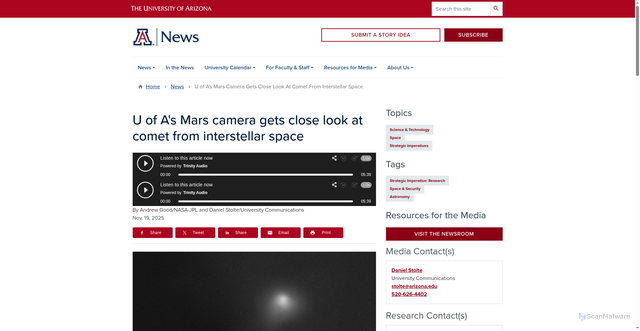 Security scan screenshot of https://news.arizona.edu/news/u-mars-camera-gets-close-look-comet-interstellar-space