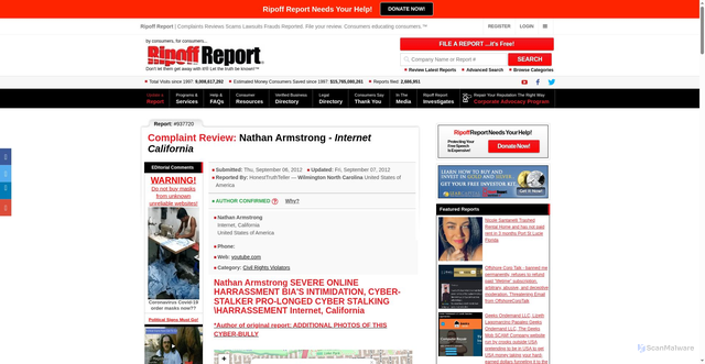 Security scan screenshot of https://www.ripoffreport.com/reports/nathan-armstrong/internet-california-/nathan-armstrong-severe-online-harrassment-bias-intimidation-cyber-stalker-pro-longed-c-937720