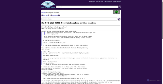 Security scan screenshot of https://seclists.org/oss-sec/2026/q2/291