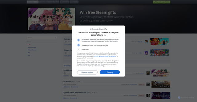 Security scan screenshot of https://www.steamgifts.com/