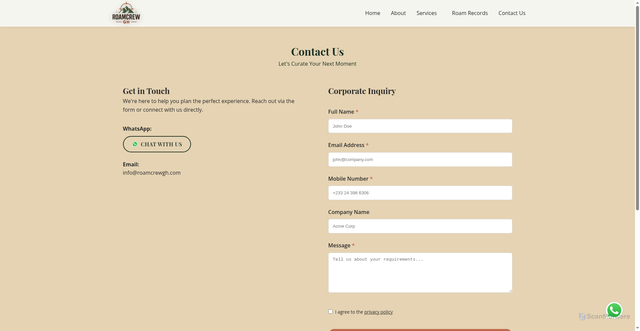 Security scan screenshot of https://roamcrew.pages.dev/contact.html
