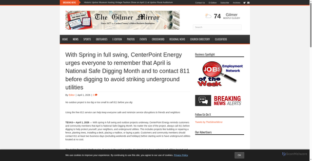 Security scan screenshot of https://www.gilmermirror.com/2026/04/01/with-spring-in-full-swing-centerpoint-energy-urges-everyone-to-remember-that-april-is-national-safe-digging-month-and-to-contact-811-before-digging-to-avoid-striking-underground-utilities/