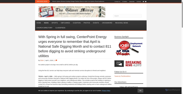 Security scan screenshot of https://www.gilmermirror.com/2026/04/01/with-spring-in-full-swing-centerpoint-energy-urges-everyone-to-remember-that-april-is-national-safe-digging-month-and-to-contact-811-before-digging-to-avoid-striking-underground-utilities/