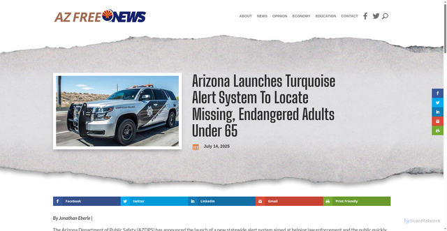 Security scan screenshot of https://azfreenews.com/2025/07/arizona-launches-turquoise-alert-system-to-locate-missing-endangered-adults-under-65/