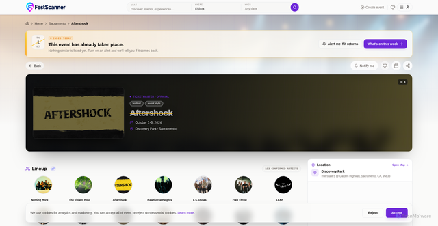 Security scan screenshot of https://festscanner.com/en/event/festival/aftershock-sacramento-2026-10